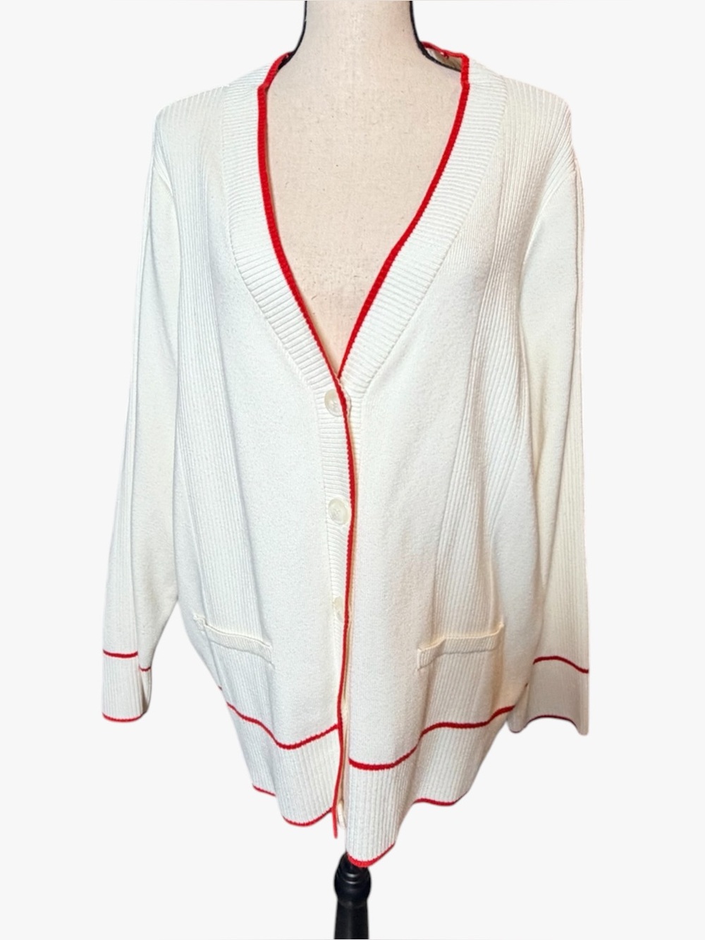 Maeve Anthropologie Ribbed Cream Cardigan Red Piping Varsity Preppy Size 2X - Picture 2 of 10